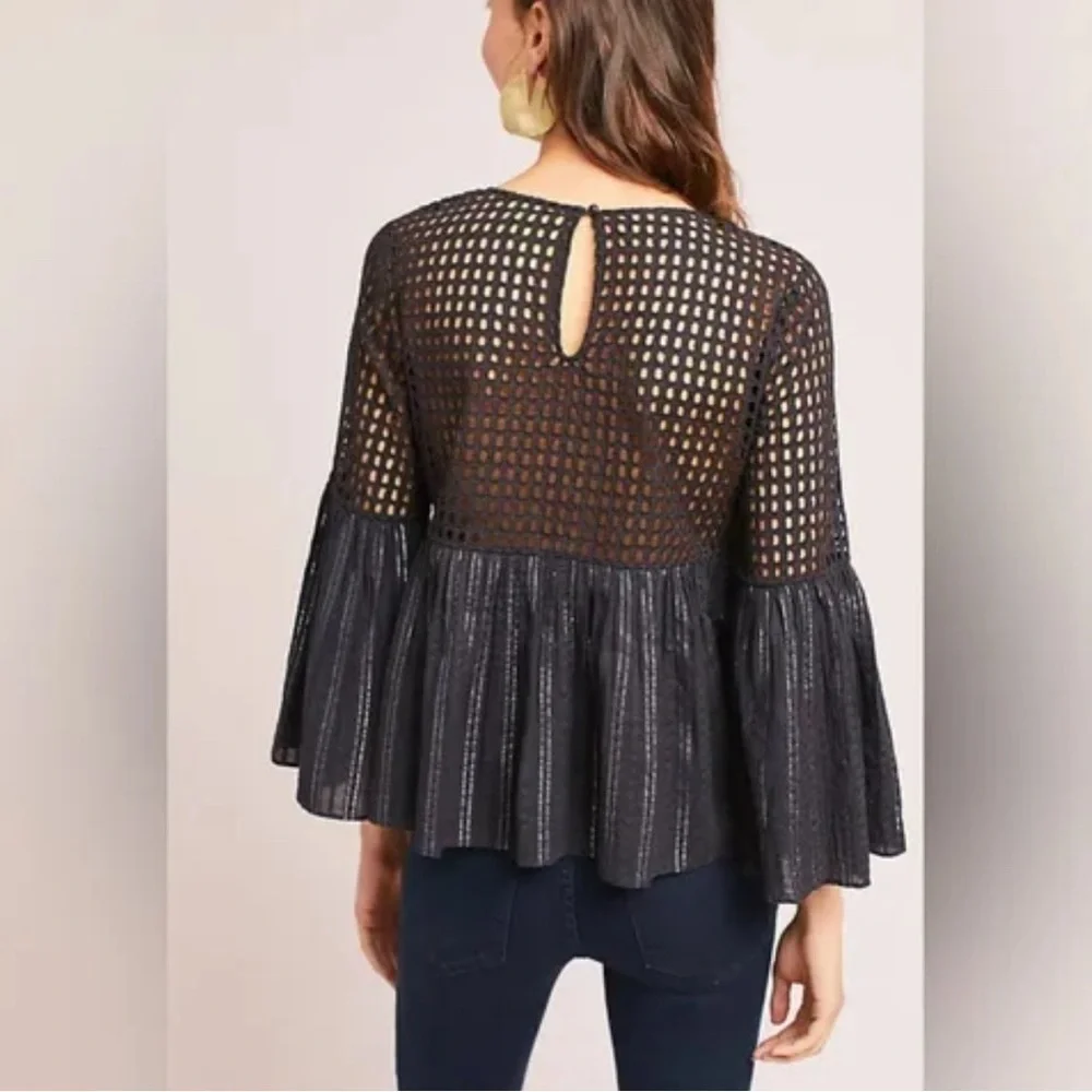 Maeve Eyelet Beaded Peplum Metallic Blouse with Wide‎ Sleeves
